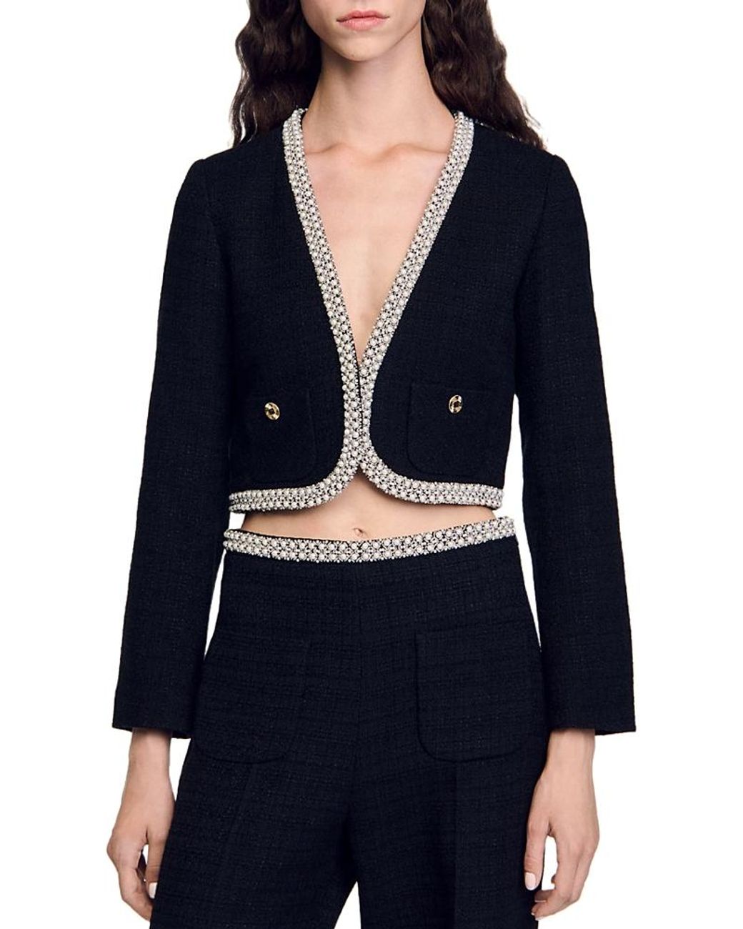 【海外限定】Sandroジャケット☆Bead-Embellished Cropped Stret Sandro Sequin-Embellished Cropped Tweed Jacket in Blue | Lyst