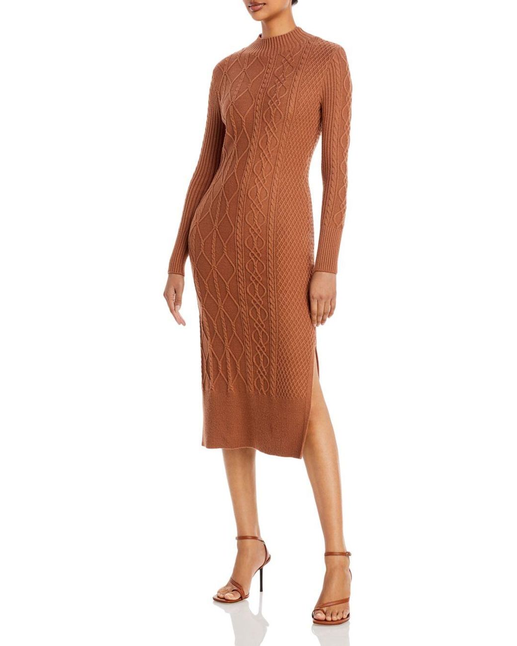 T Tahari Mock Neck Cable Knit Sweater Dress in Brown Lyst