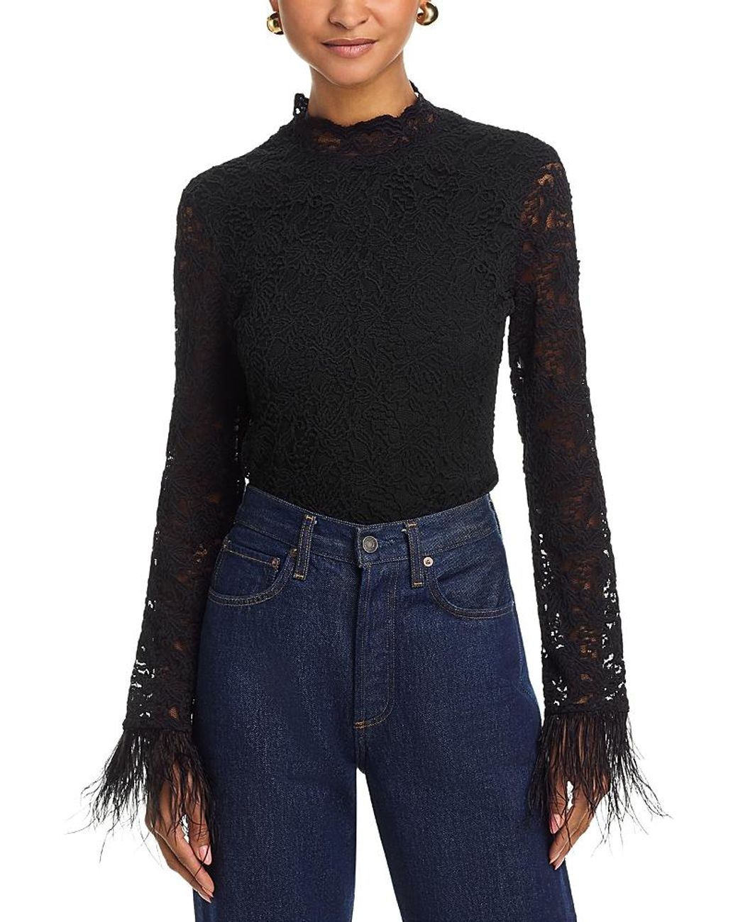 Aqua Feather Trim Lace Top in Blue | Lyst