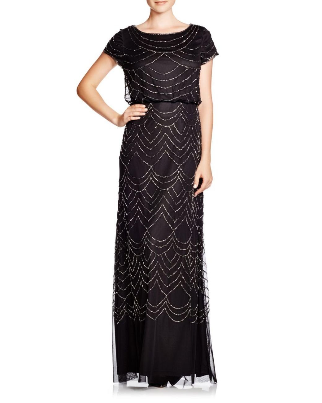 Adrianna Papell Synthetic Short Sleeve Beaded Blouson Gown in Black | Lyst