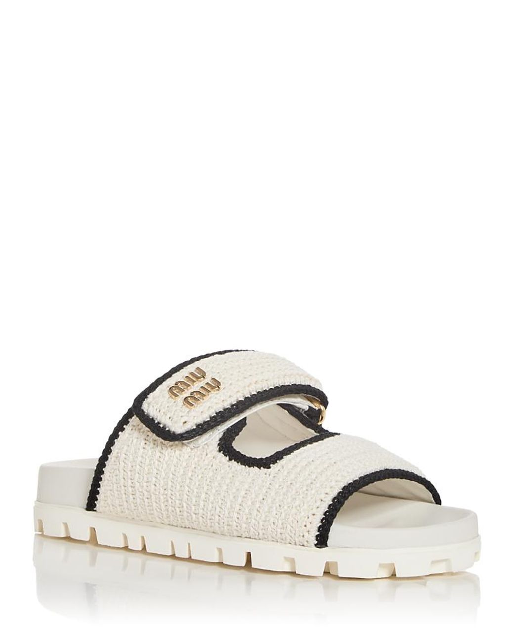 MiuMiu Crochet Slide Sandals クロシェ スライドサンダル ロゴ Miu Miu Crochet Slide Sandals in Natural | Lyst