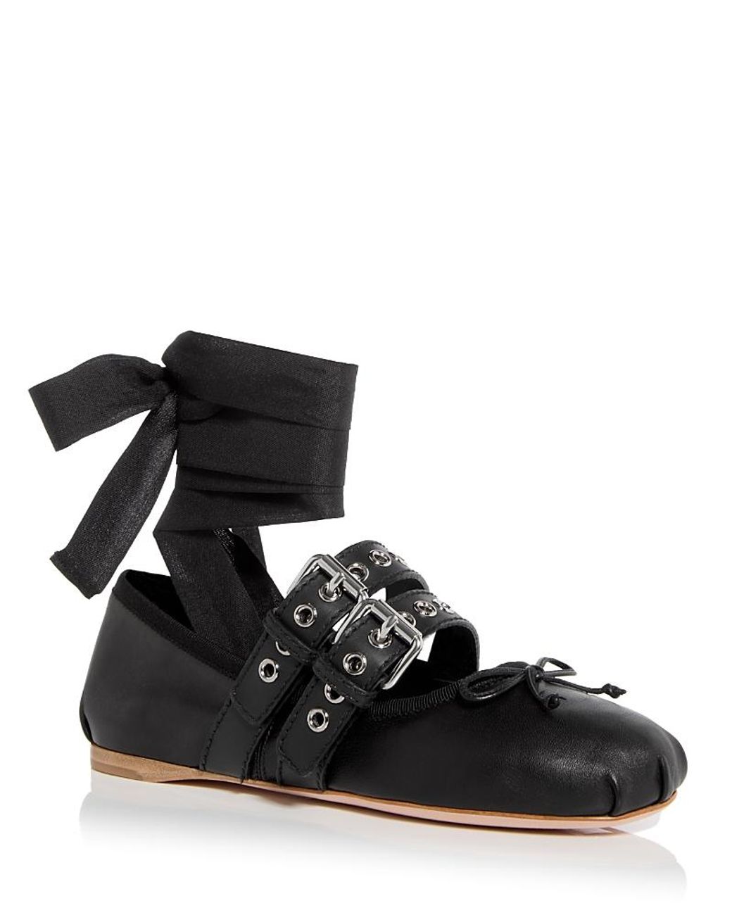 View of Miu Miu Buckled Ankle Tie Ballet Flats in Black | Lyst