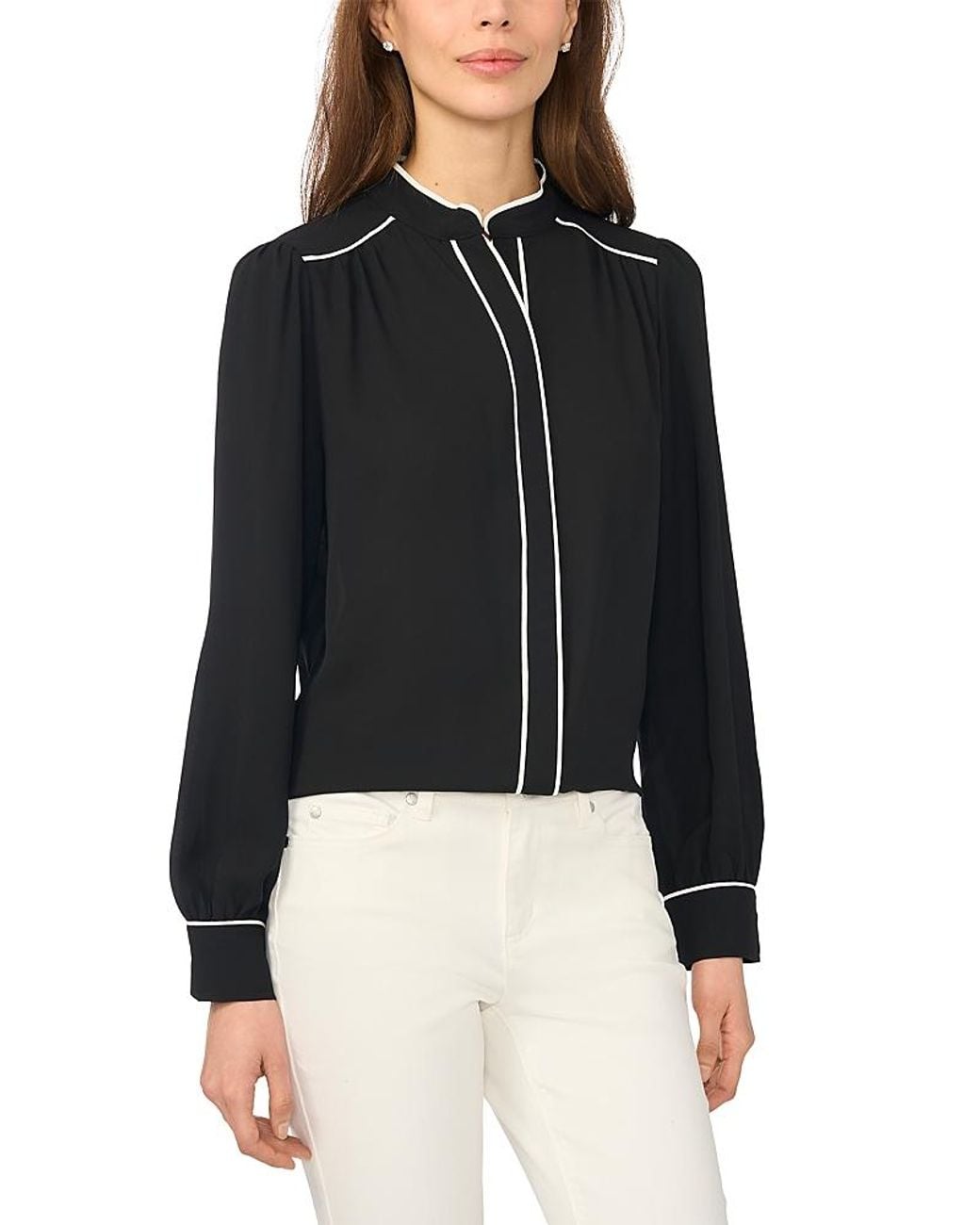 Cece Black Open Collar Button Front Top