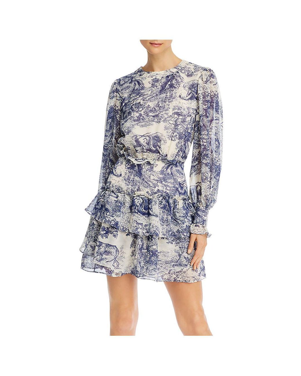 Aqua Synthetic Toile Print Ruffled Long 