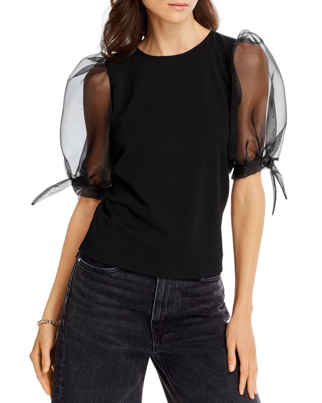 Aqua Women's Black Sheer Puff - Sleeve Top