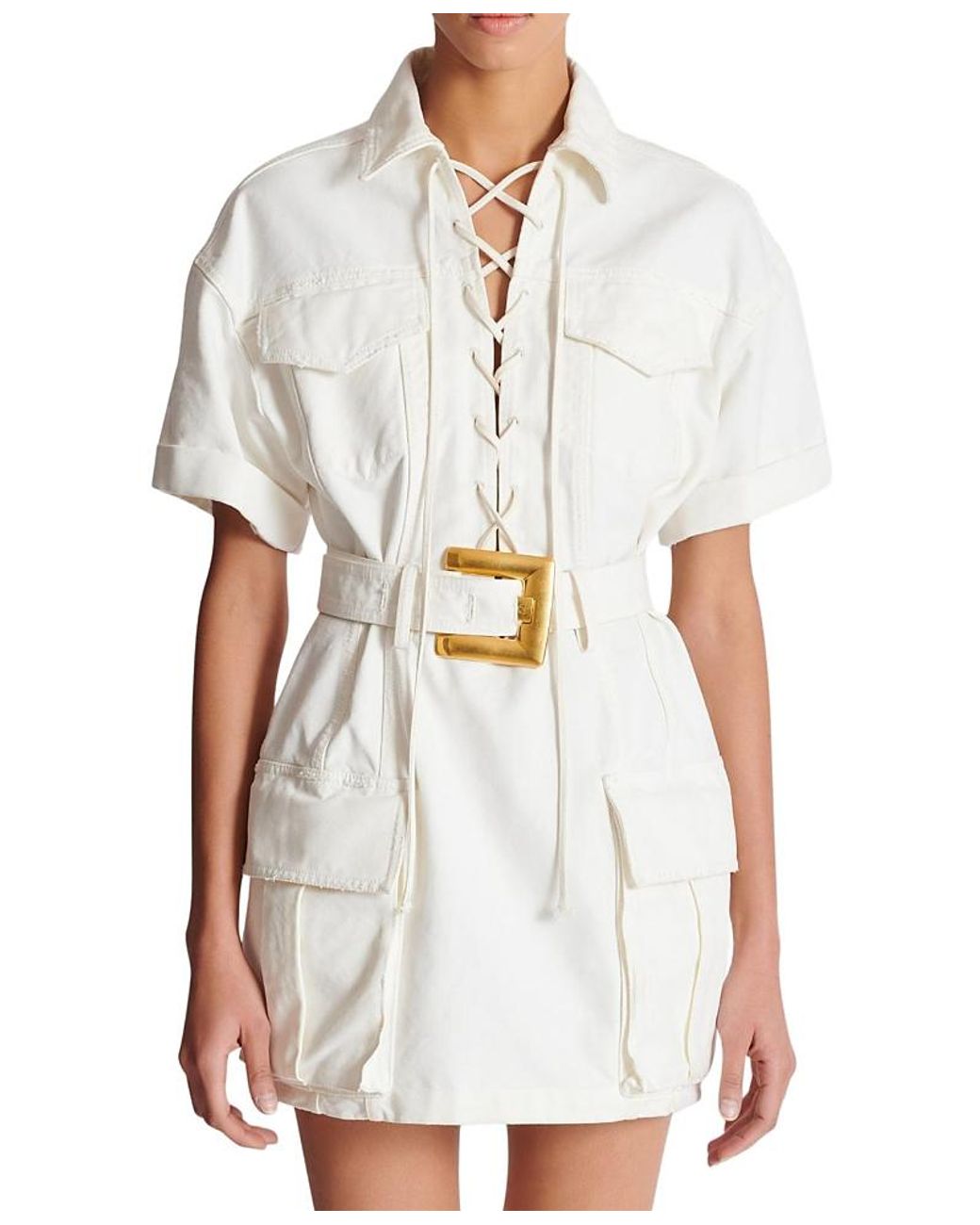 Balmain Short Lace-Up Canvas Dress in White | Lyst