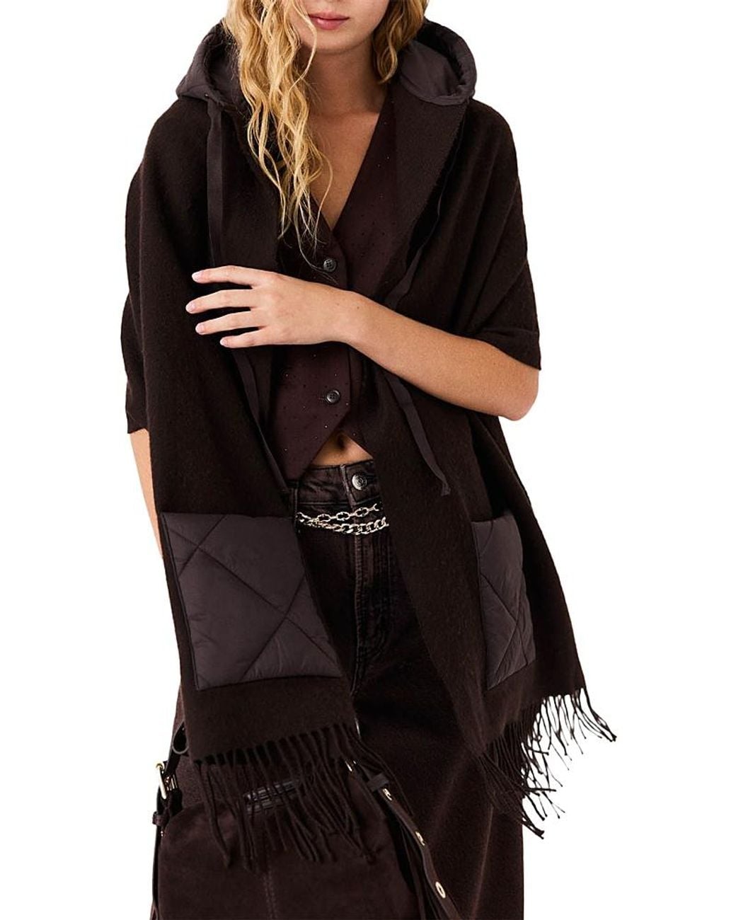 Maje Black Hooded Wool Scarf