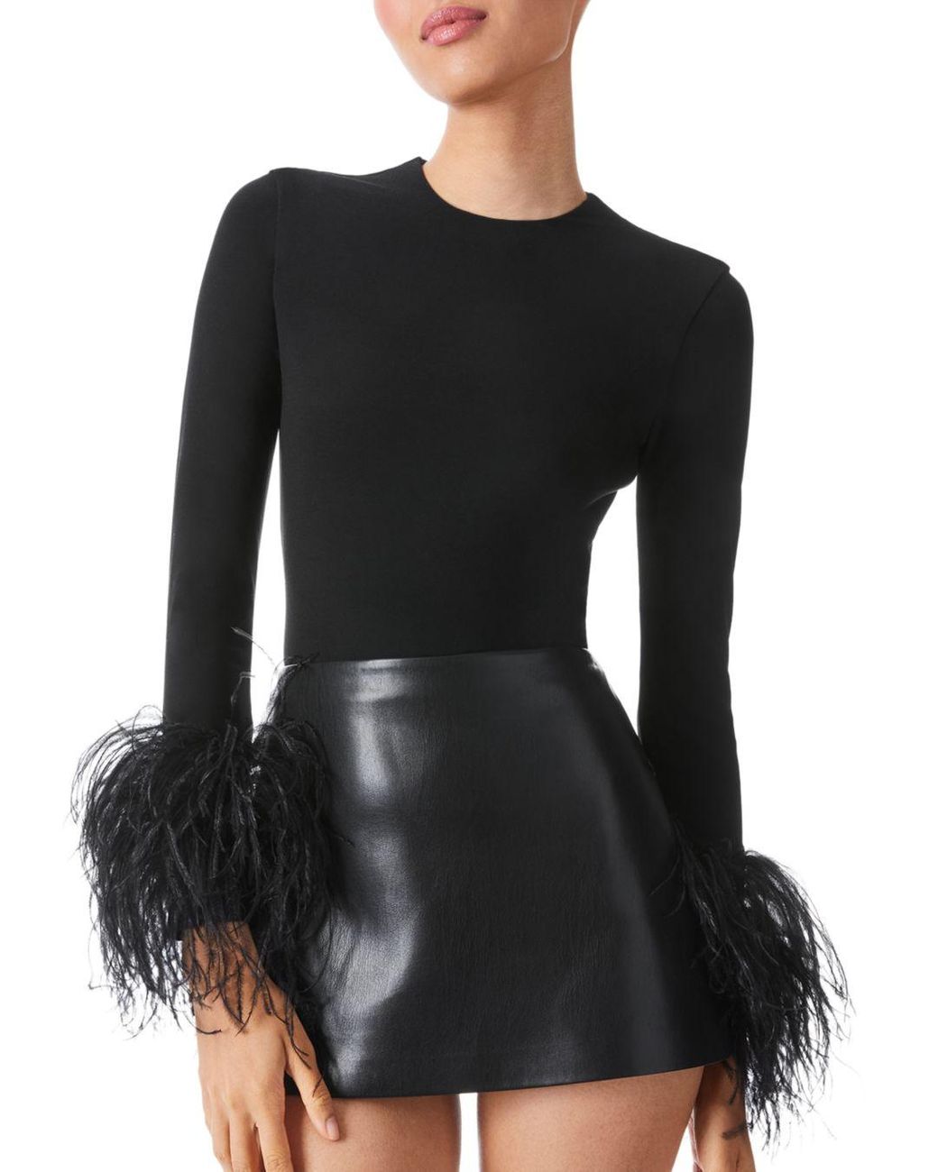 Alice + Olivia Delaina Feather Sleeve Top in Black | Lyst