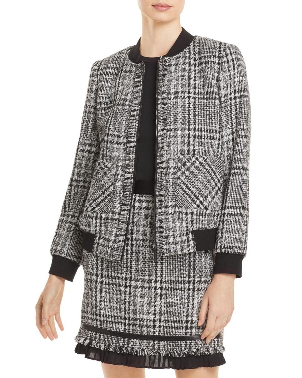 Karl Lagerfeld Tweed Bomber Jacket in Black/White (Black) - Lyst