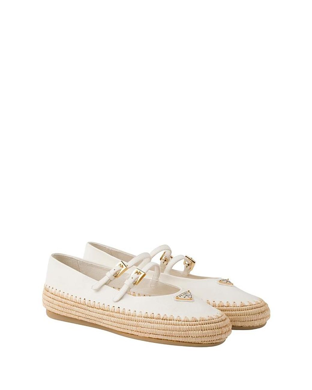 Prada Nappa Leather And Raffia Ballerinas in White | Lyst