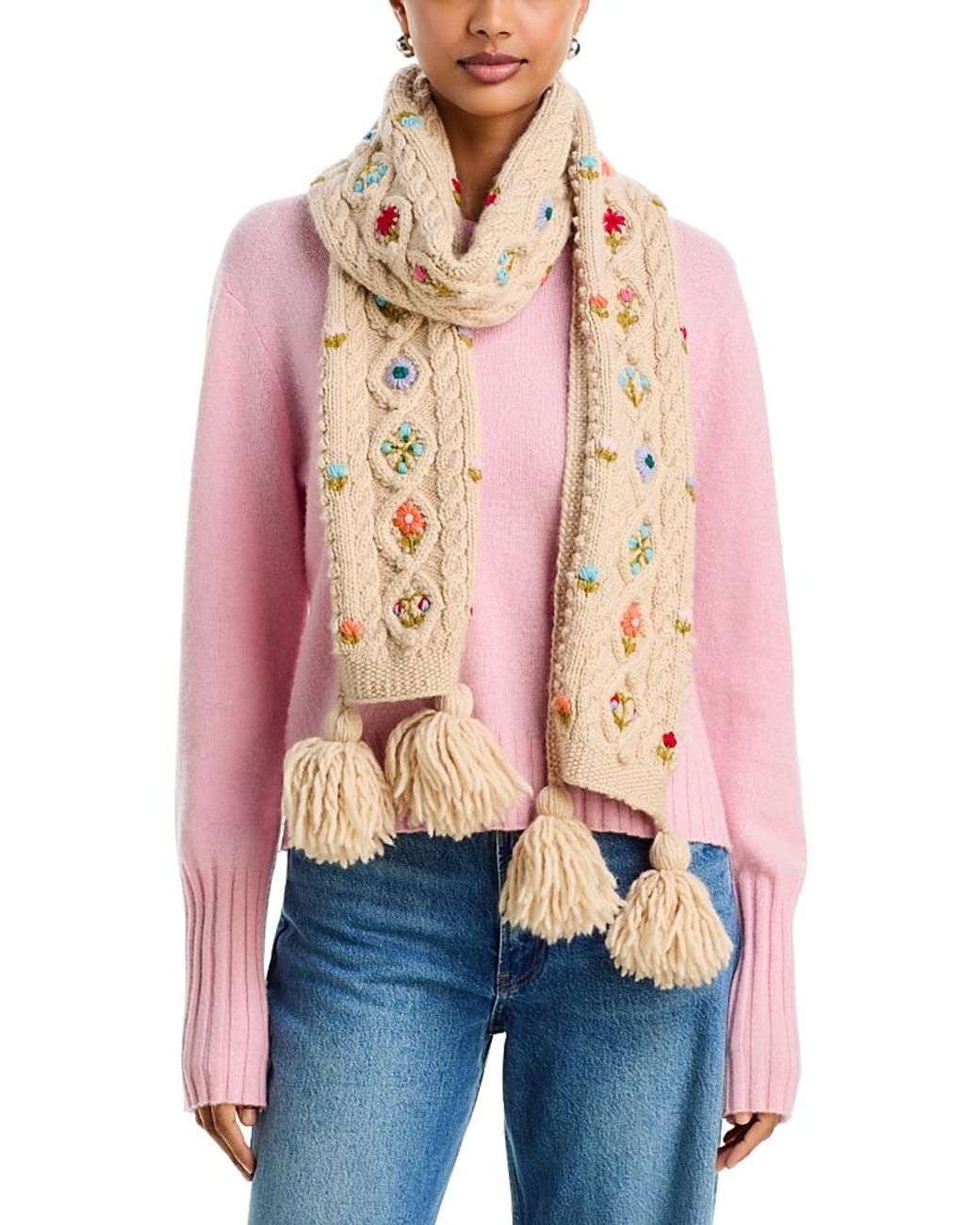 French Knot Red Tilly Narrow Wool Scarf