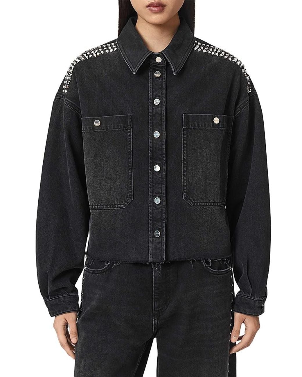 AllSaints Black Stud-Embellished Denim Jacket