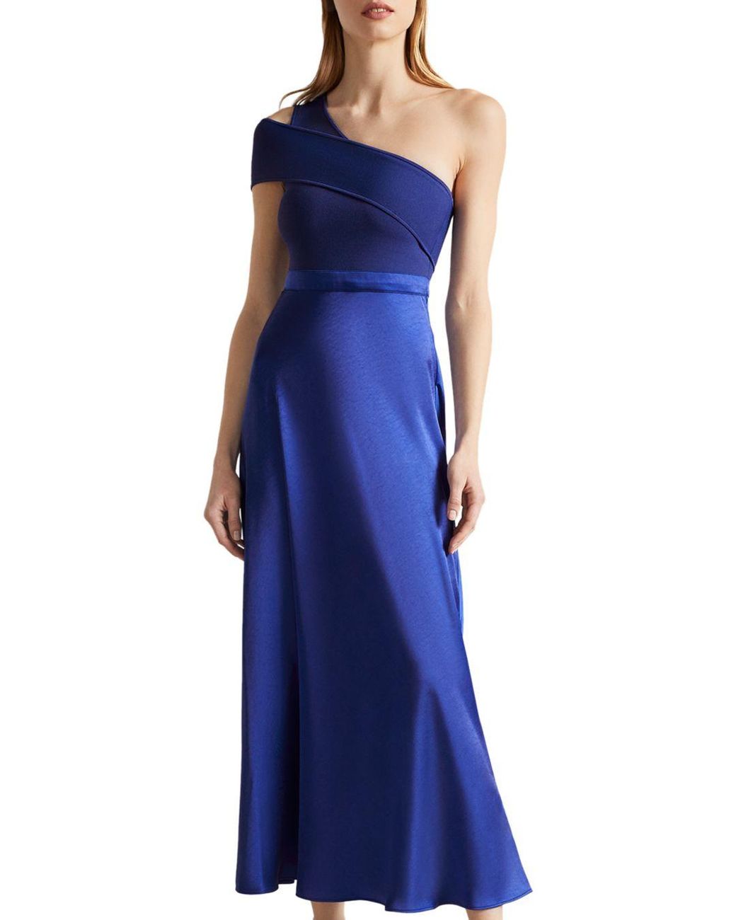 Ted Baker Satin Ivena Asymmetric Knit Bodice Midi Dress in Dark Blue ...