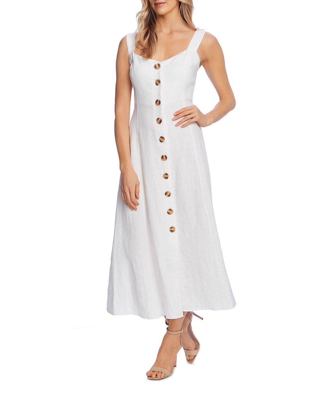 Vince Camuto Linen Button Front Sleeveless Midi Dress in Ultra White (White) - Lyst