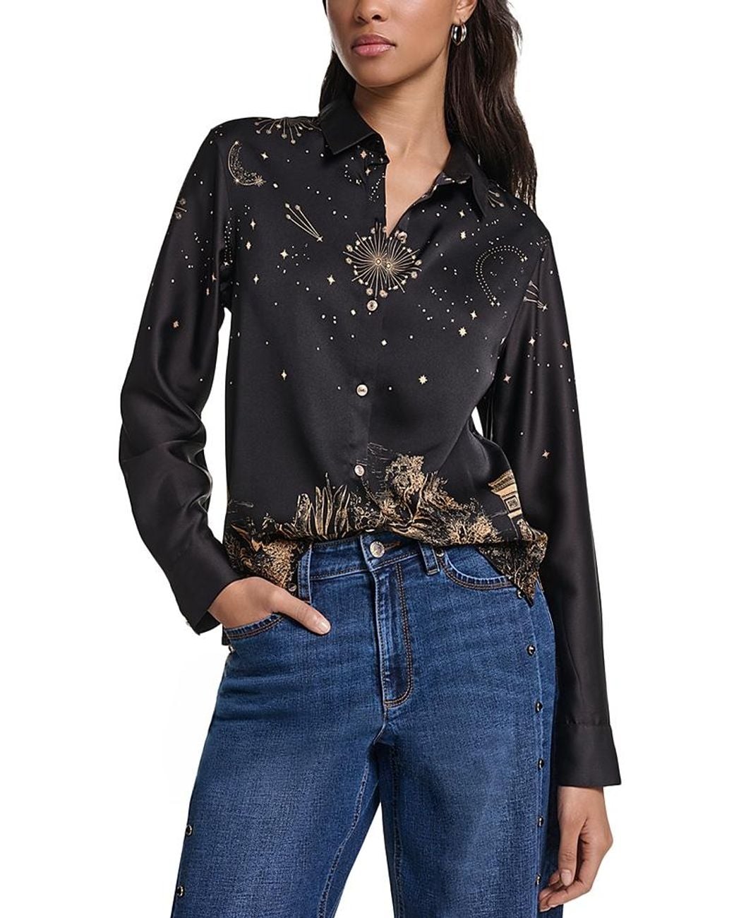 Karl Lagerfeld Black Placed Print Button Front Blouse