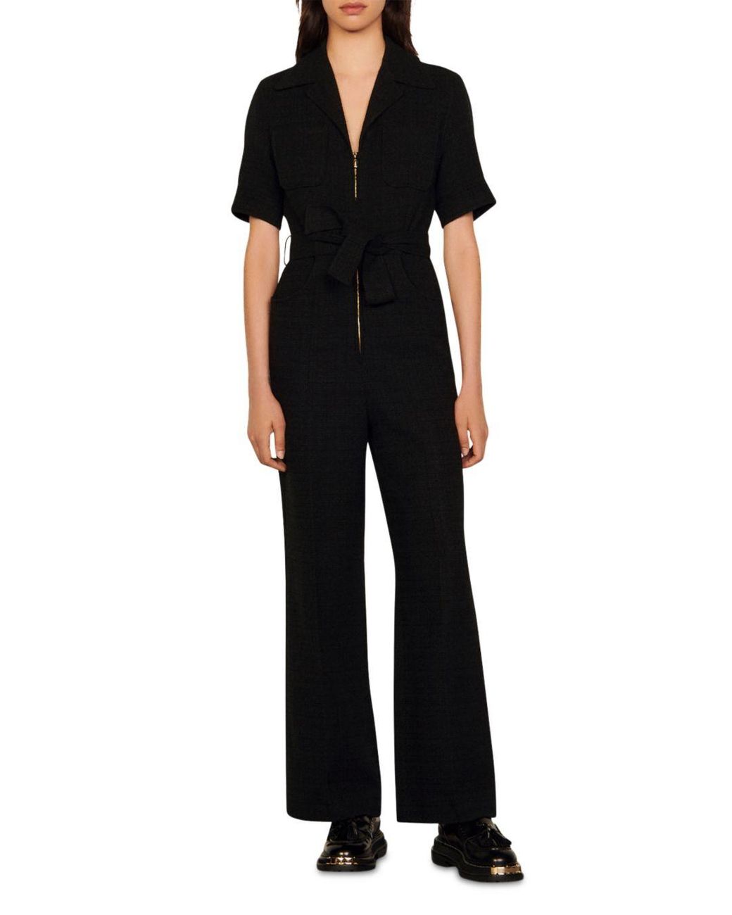 Sandro Nora Belted Zip Front Jumpsuit in Black | Lyst