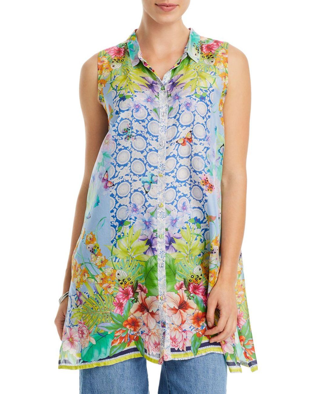 Johnny Was Cozumel Xanthe Printed Sleeveless Silk Tunic in Blue | Lyst