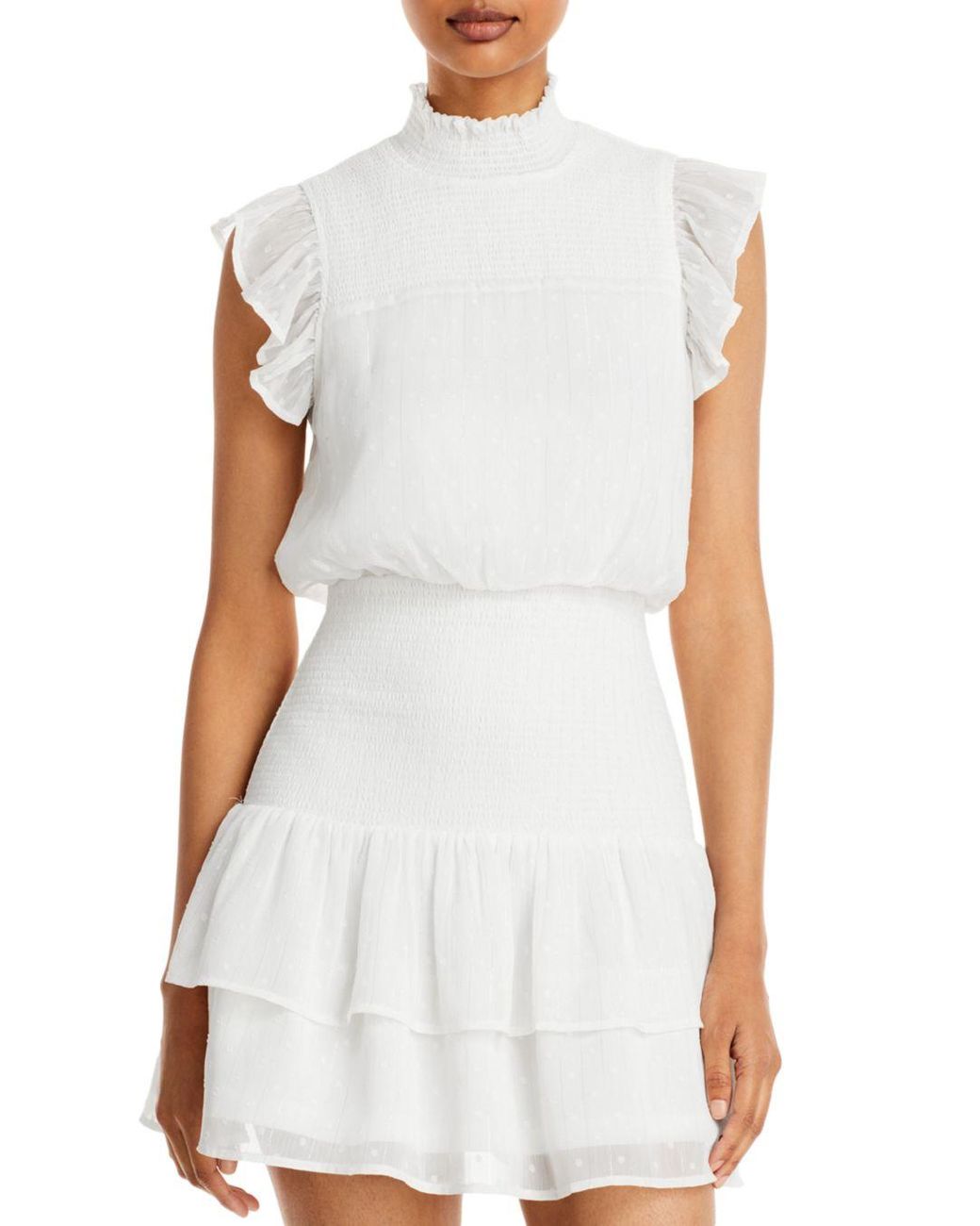 Aqua Ruffle Short Sleeve Smocked Mini Dress in White | Lyst