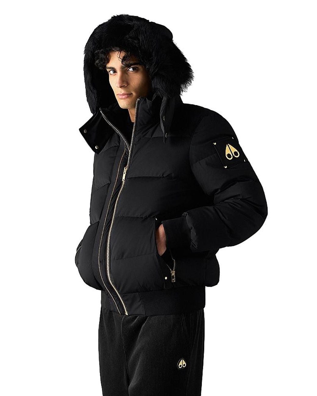 Moose Knuckles Black Stagg Shearling Trim Down Bomber Jacket for men