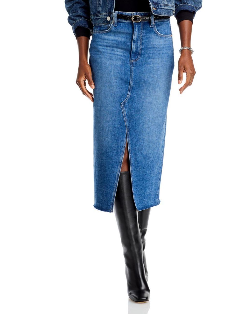 PAIGE Meadow Raw Hem Denim Midi Skirt in Blue Lyst