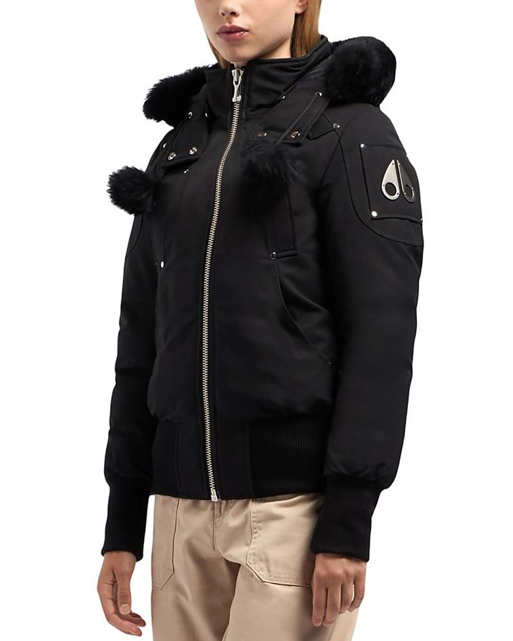 Moose Knuckles Black Debbie Shearling Trim Down Bomber Jacket