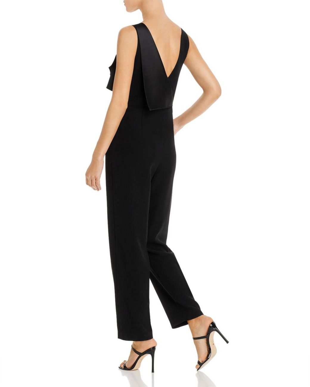 peplum waist scalloped neckline lace panel black jumpsuit