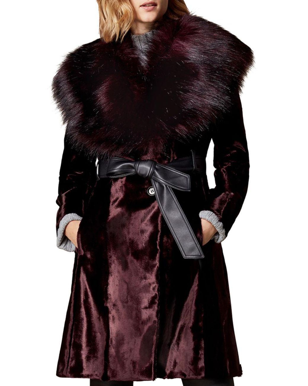 Karen Millen Belted Faux Fur Coat in Black | Lyst
