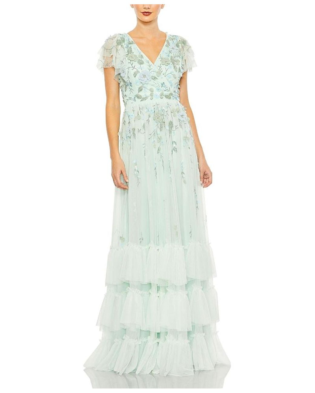 Mac Duggal Ruffle Tiered Embellished Flutter Sleeve Gown in Green | Lyst