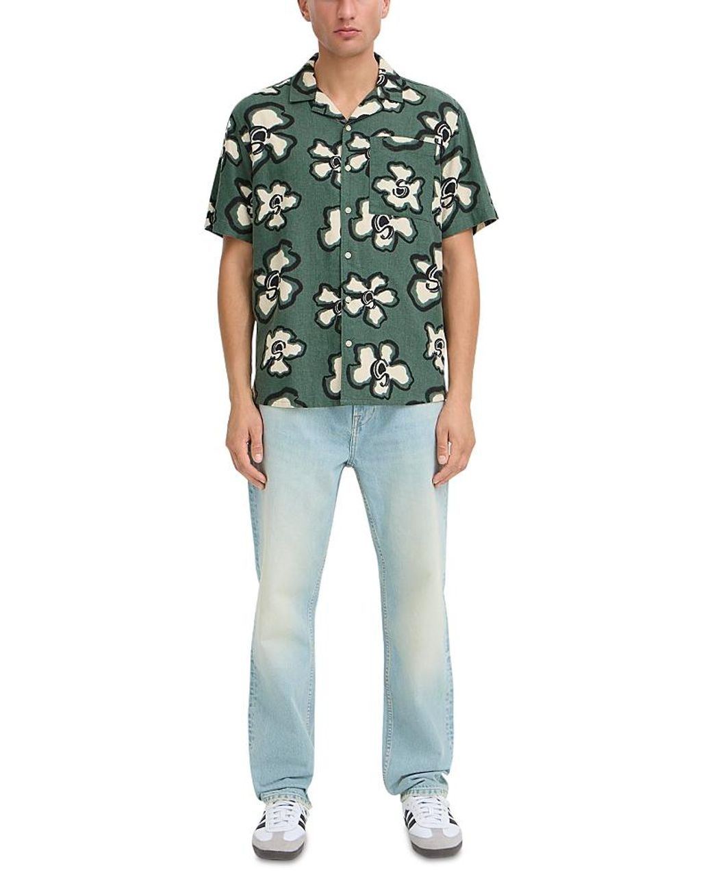 Solid Green Linen Printed Short Sleeve Button Up Shirt for men