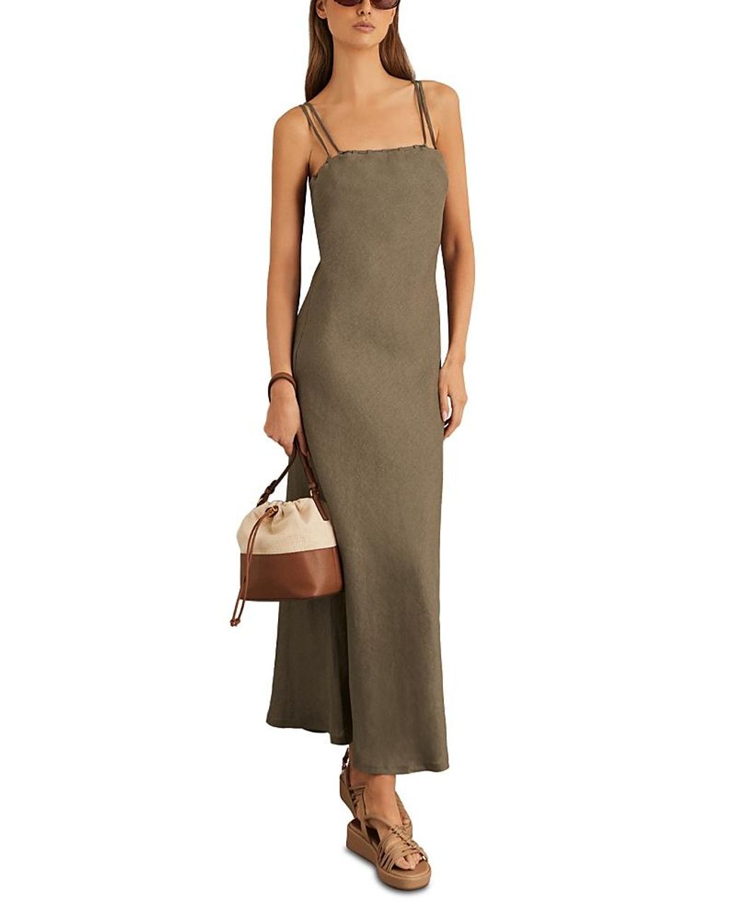 【海外限定】REISSワンピース☆Khaki Roxanne Linen Double-Stra Reiss Linen Double-Strap Slip Dress in Khaki | REISS