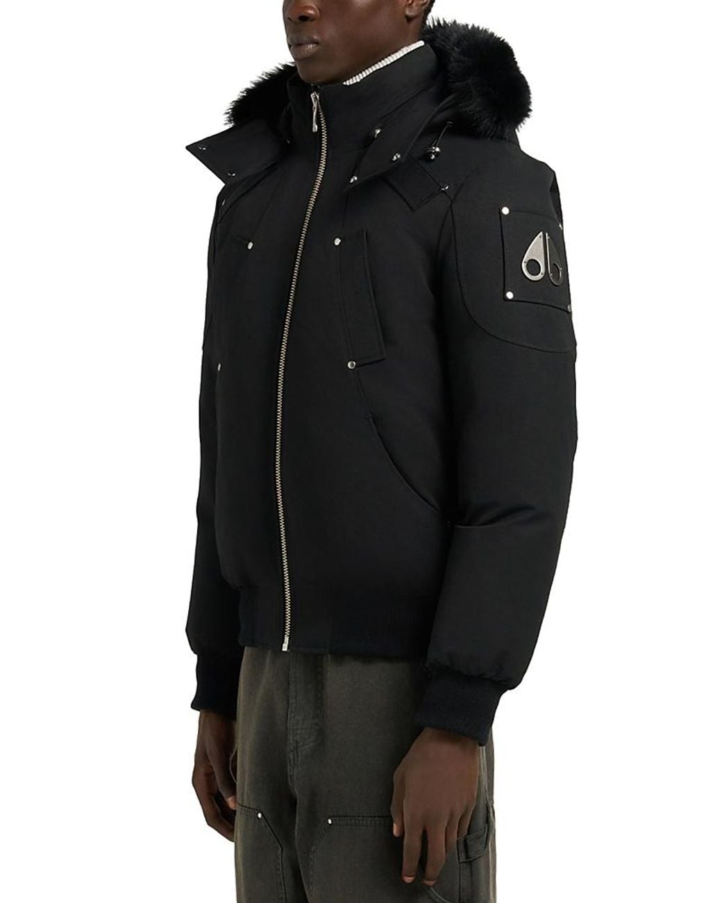 Moose Knuckles Black Original Ballistic Shearling Trimmed Down Bomber Jacket for men