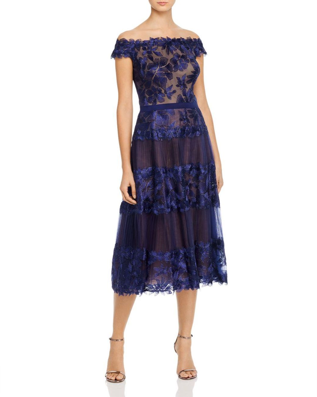 tadashi shoji off the shoulder floral embroidered dress