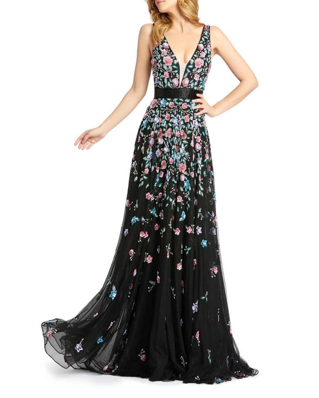 Mac Duggal Synthetic Floral Embroidered V Neck Gown in Black | Lyst