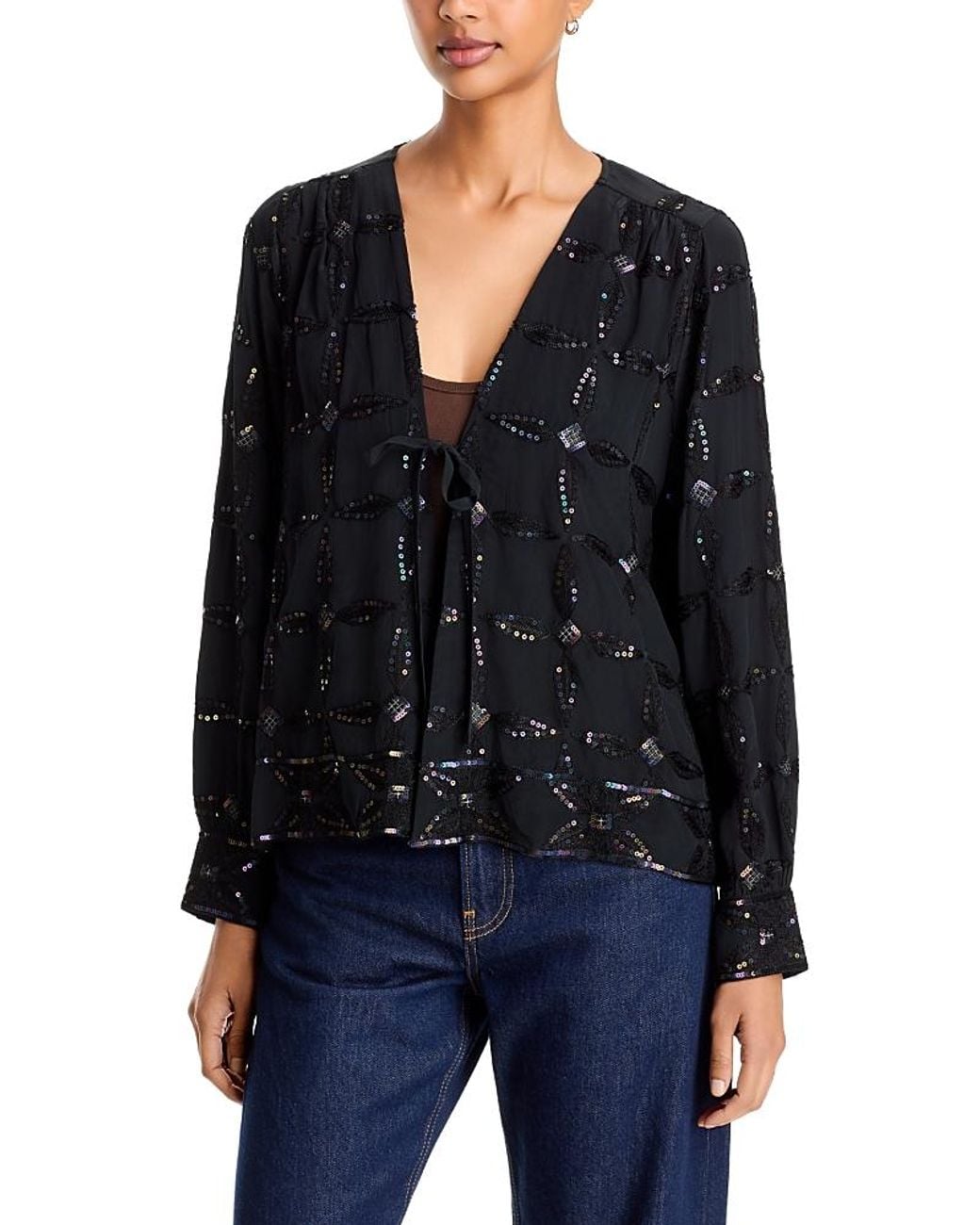 Johnny Was Black Lesley Sequinned Tie Front Jacket