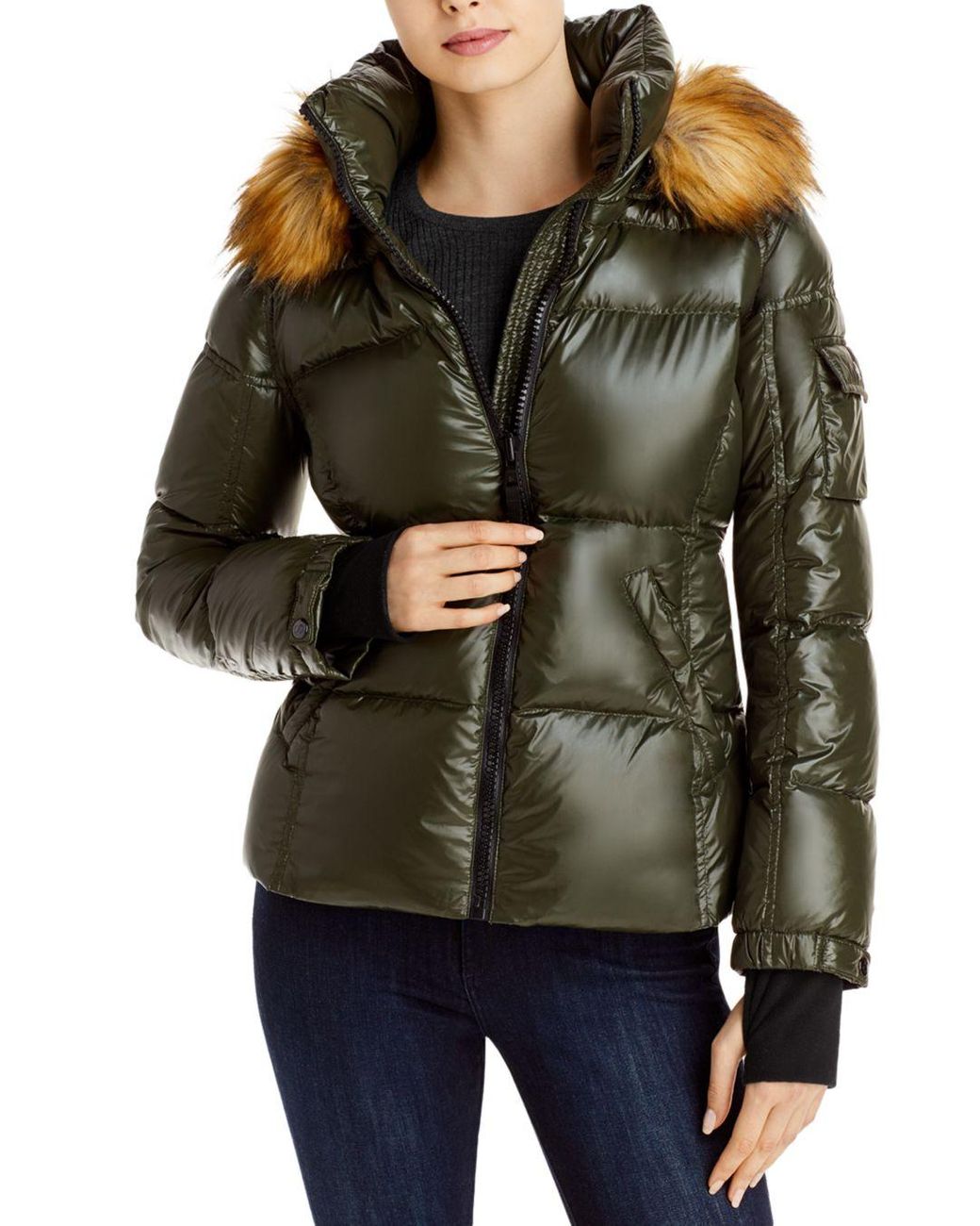 Aqua Synthetic Gloss Allie Faux Fur Trim Puffer Jacket in Dark Military