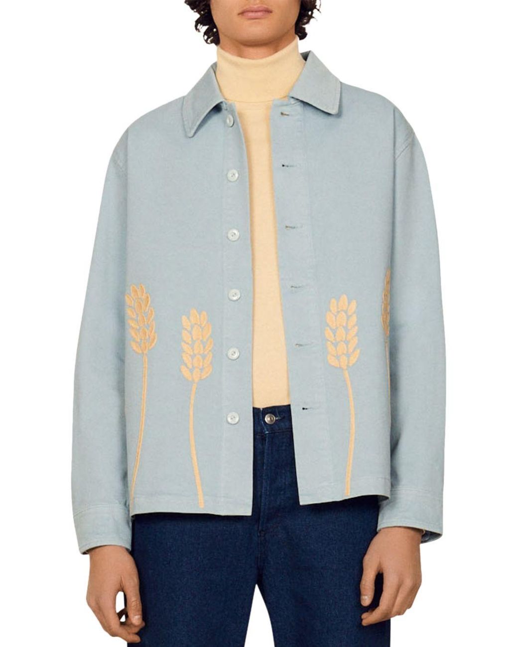 Sandro Wheat Embroidered Denim Worker Jacket in Blue for Men