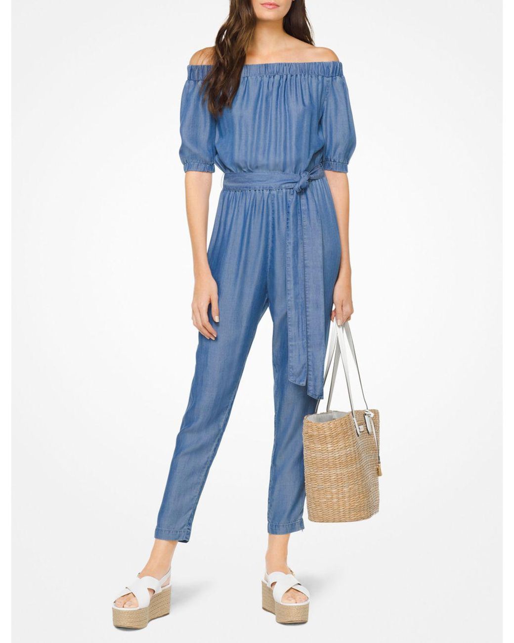 MICHAEL Michael Kors Off-the-shoulder Chambray Jumpsuit in Blue | Lyst