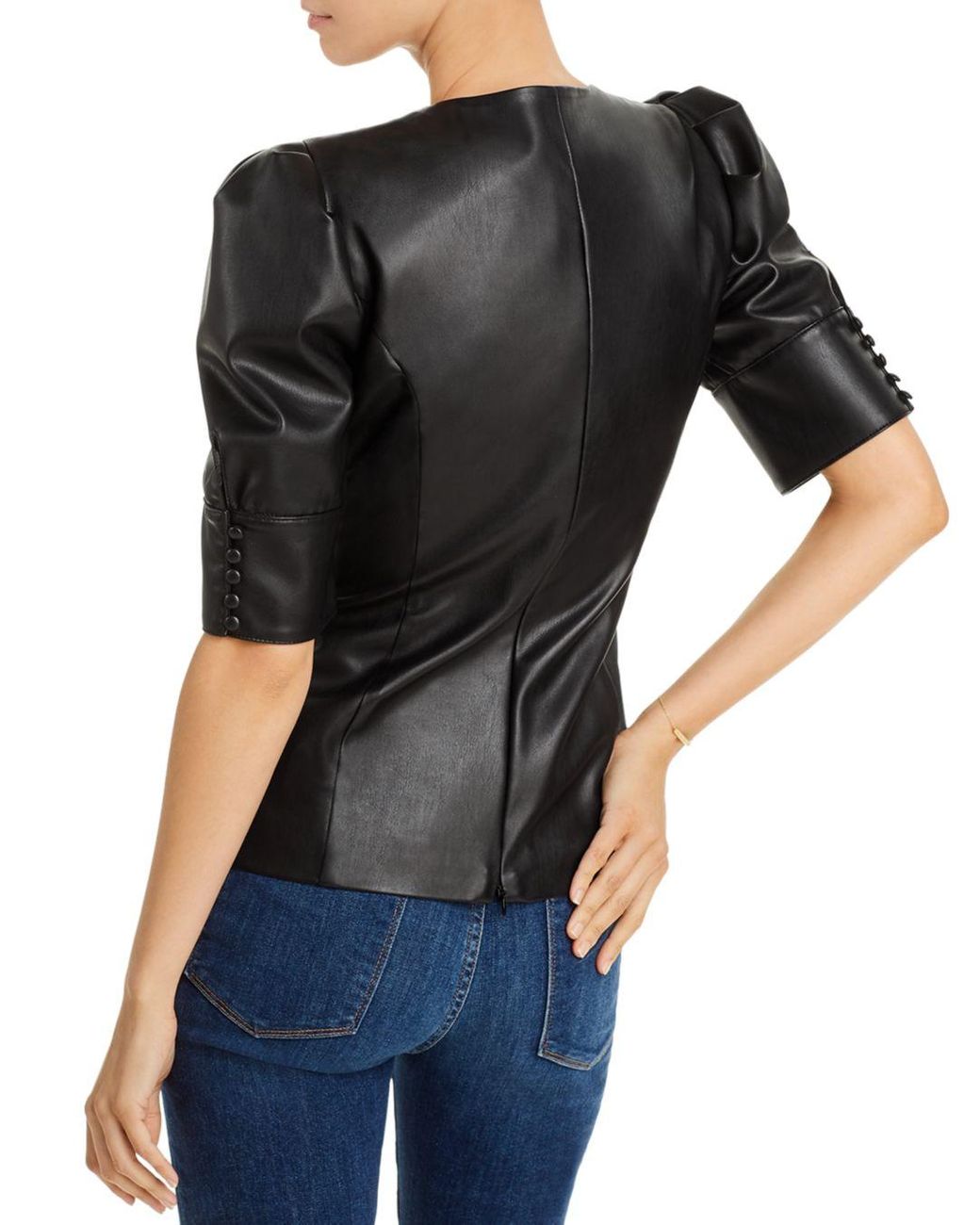 Aqua Synthetic Faux - Leather Puff - Sleeve Top in Black | Lyst