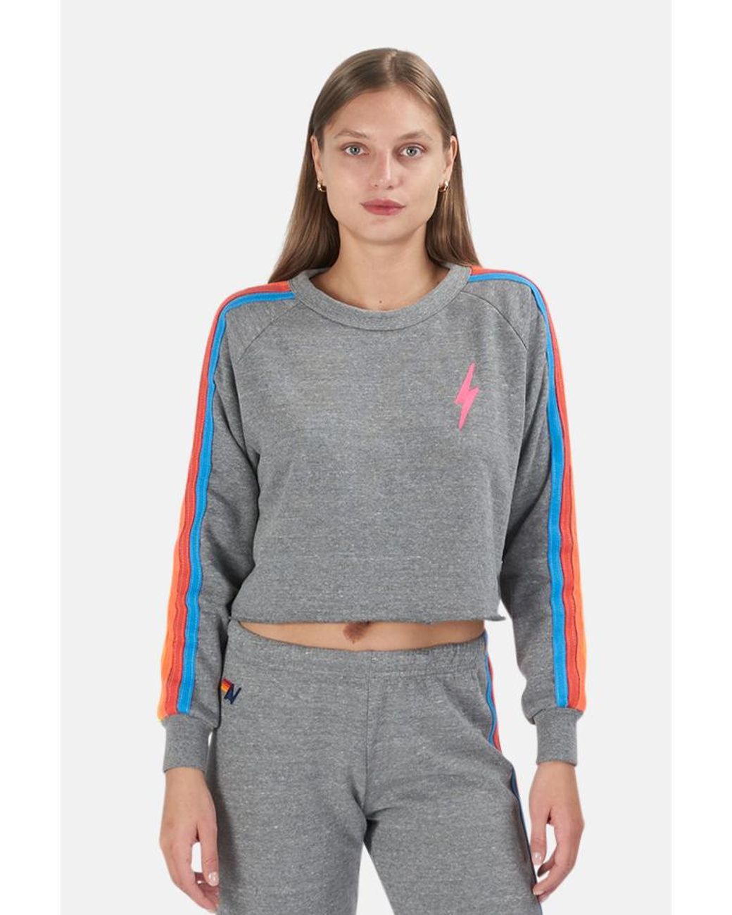 Aviator Nation Fleece Bolt Crop Sweatshirt Sweater in Heather Grey/Neon Rainbow (Gray) Lyst