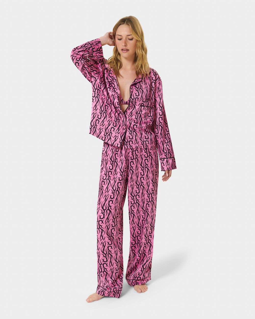 Bluebella Pink Bb X Ashley Williams Tattoo Print Luxury Satin Shirt