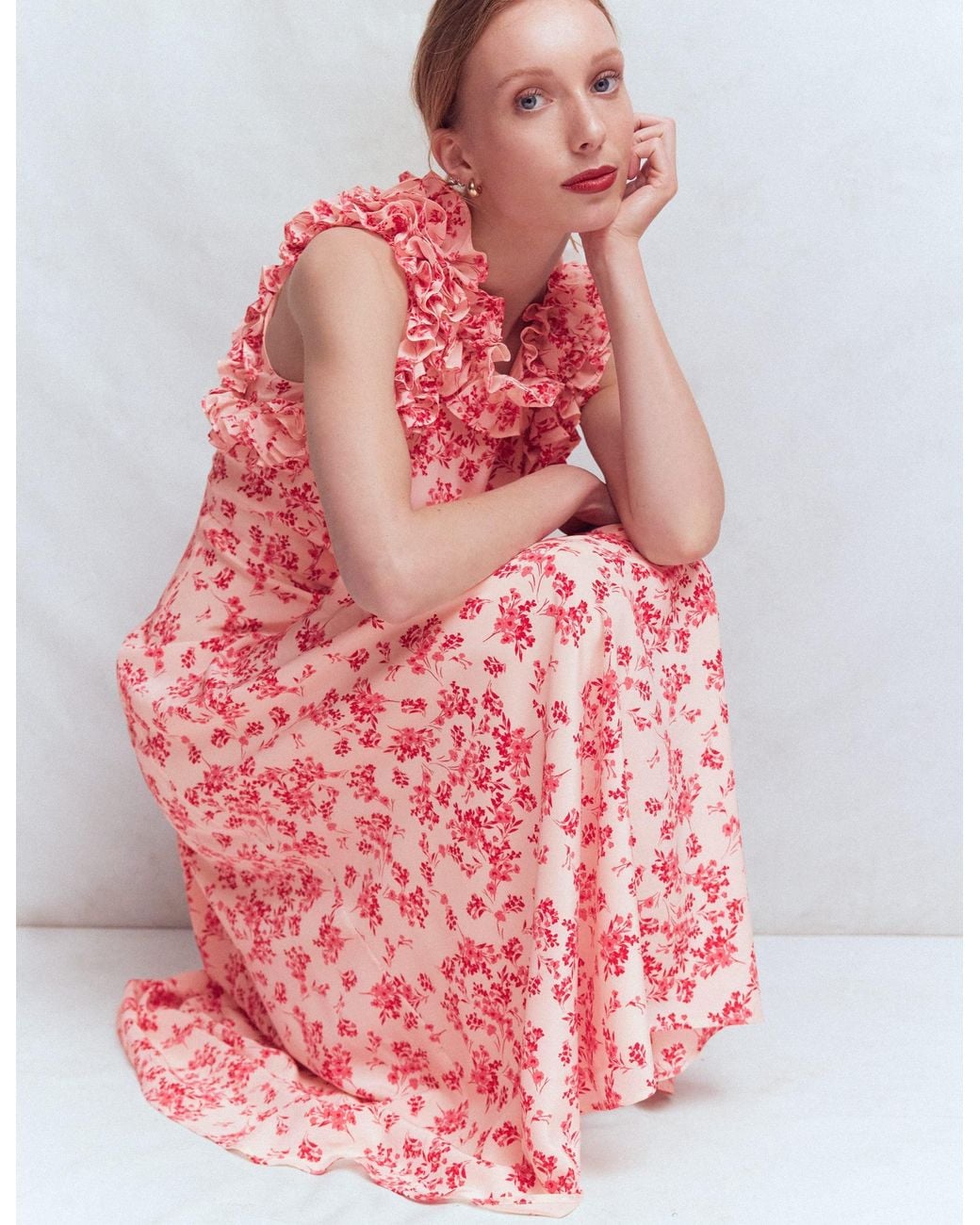 Boden Natural Ruffle Silk Midi Dress