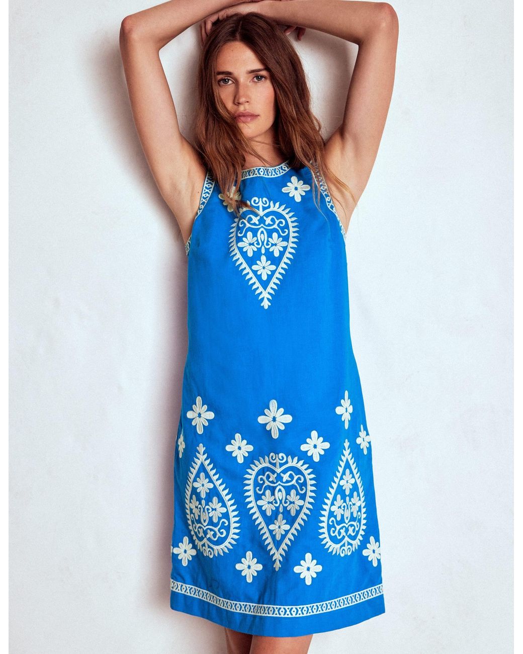 Boden Blue Embroidered Linen Shift Dress