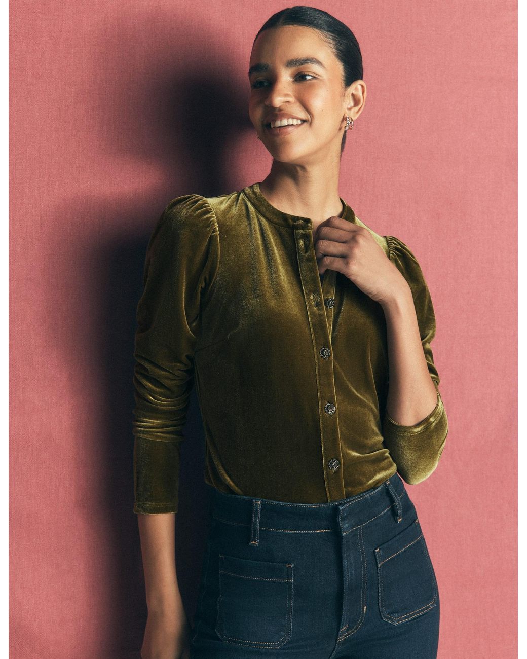 Boden Green Puff Sleeve Velvet Shirt
