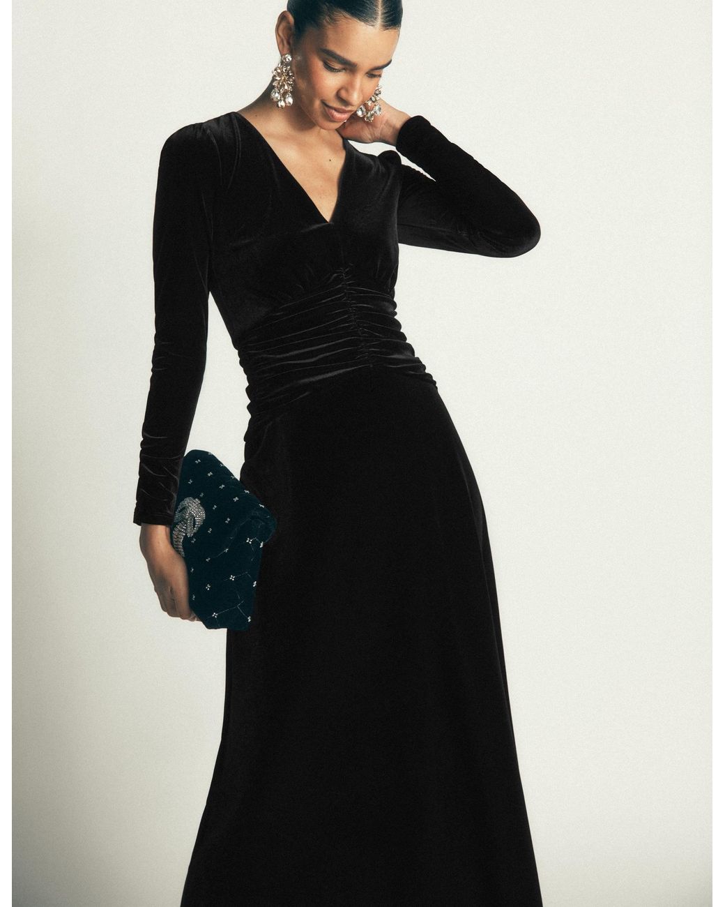 Boden Black Mya Ruched Velvet Midi Dress