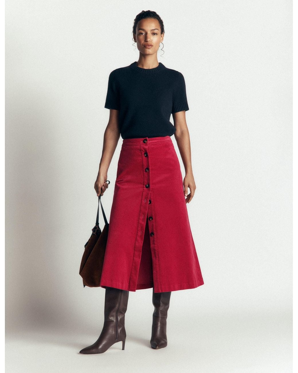 Boden Red Val Button Cord Midi Skirt