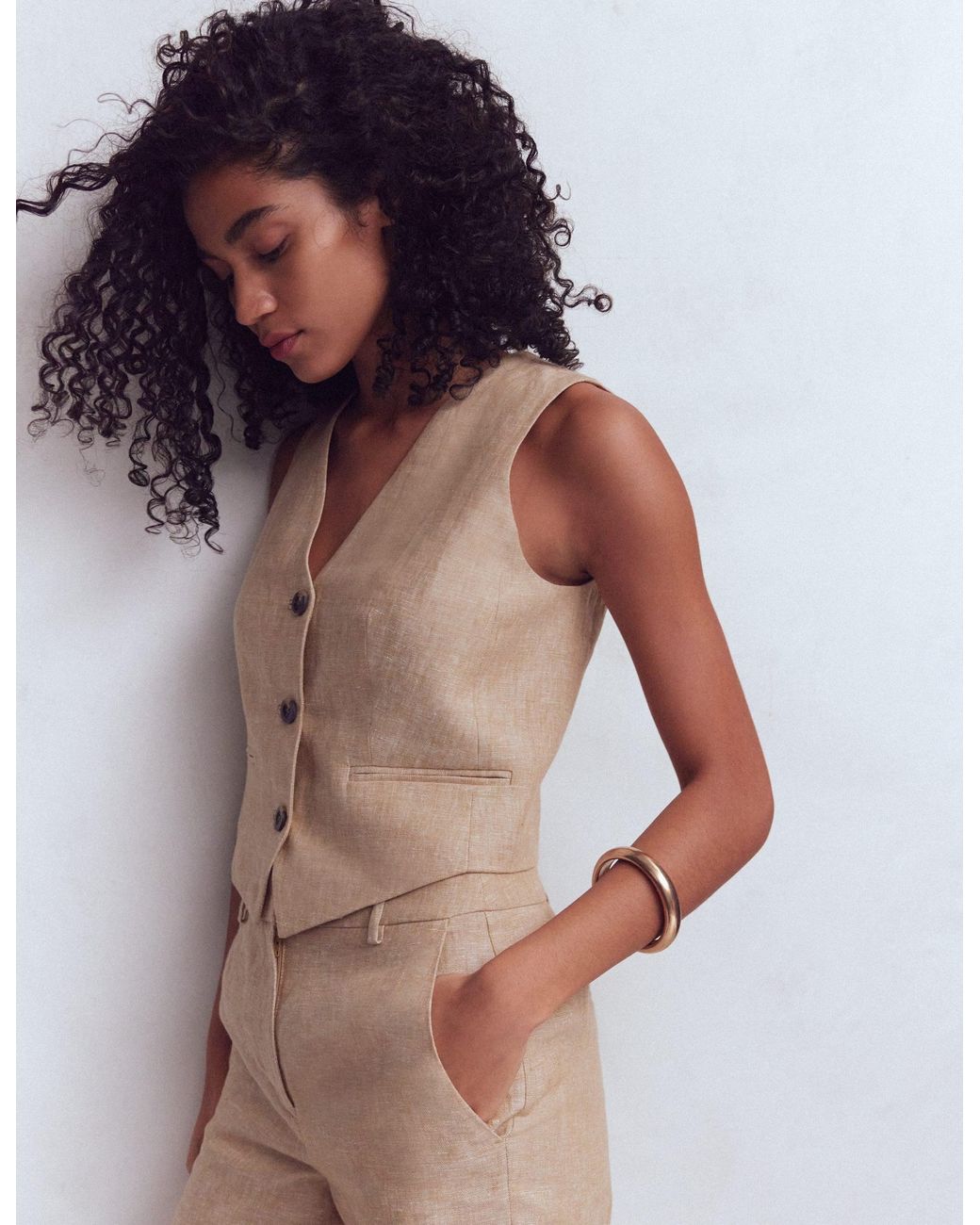 Boden Brown Linen V-Neck Waistcoat
