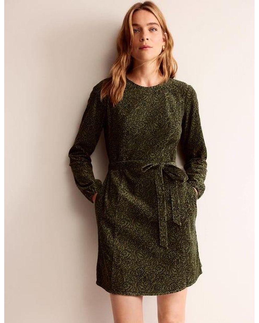 green emerald velvet dress Boden Cecily Belted Long Sleeve Cotton Corduroy Midi Dress in Woodland Green at Nordstrom, Size 2 main image 0