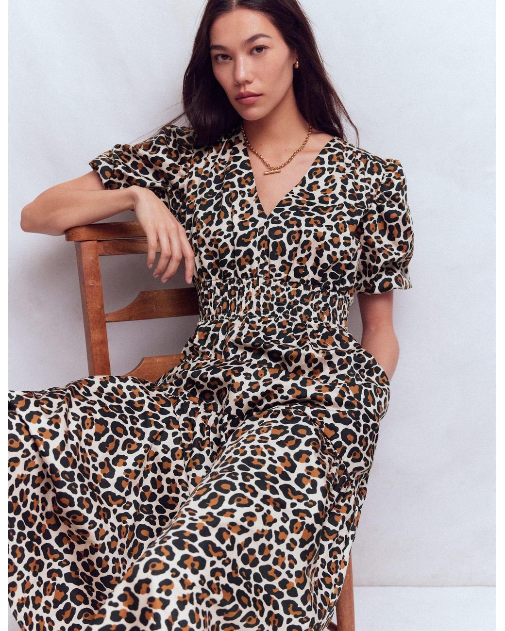 Boden Multicolor Irene Puff Sleeve Dress-Almond Milk, Cheetah Pop