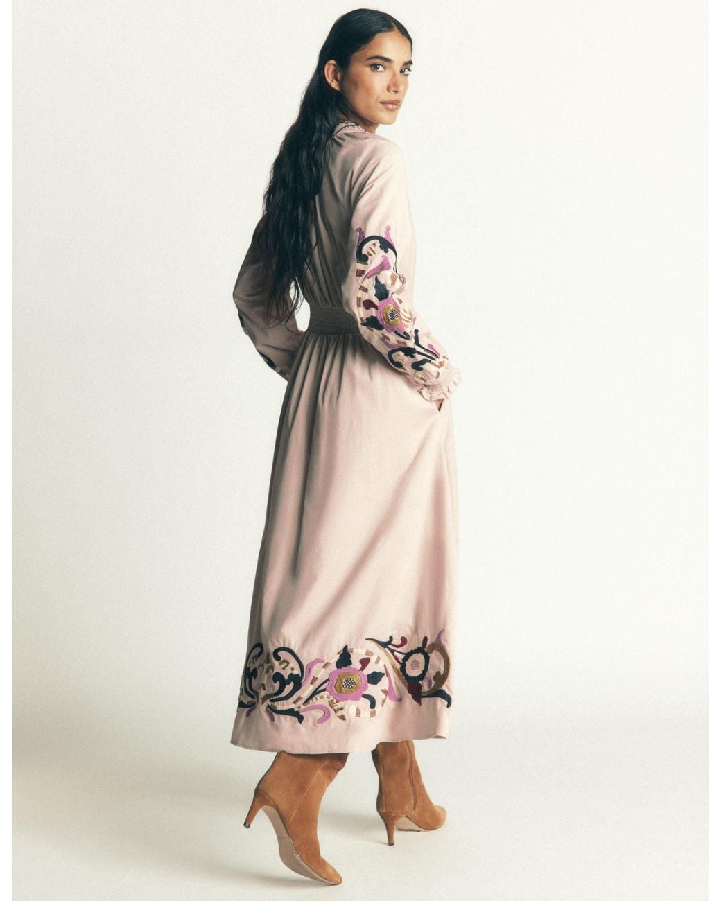 Boden Natural Smocked Cord Midi Dress