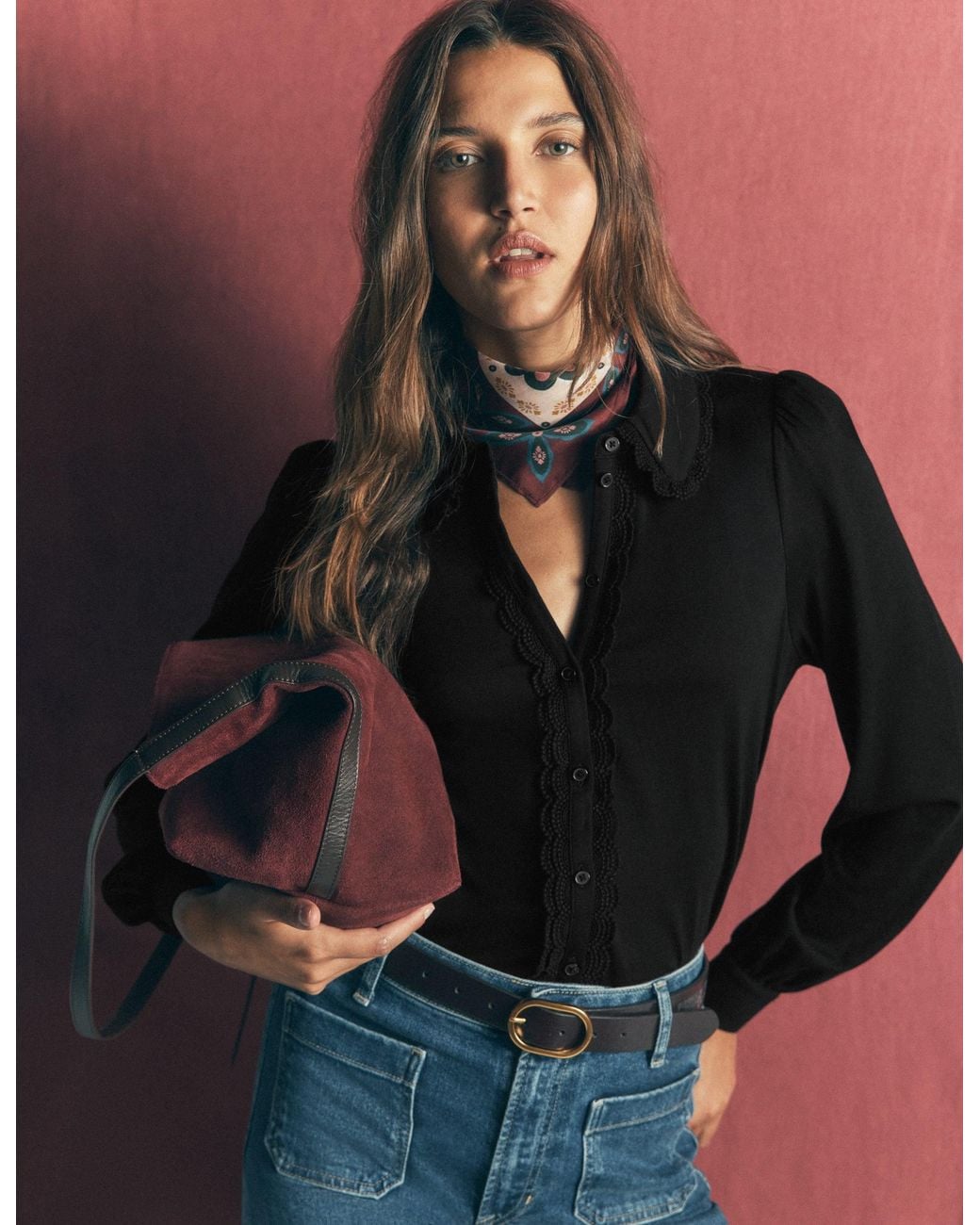 Boden Black Lace Frill Blouse